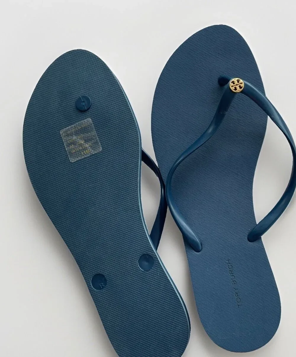 Tory Burch Women's Chelsea Flip Flop Sandals Navy Blue Size 11 Gold Logo, NEW